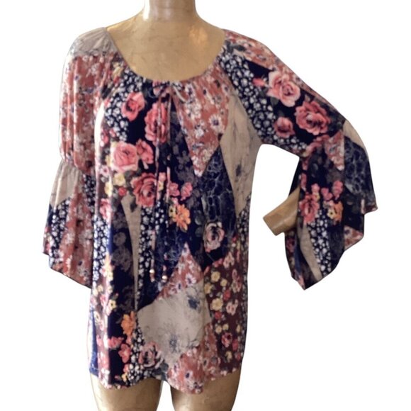 Naif Mixed Print Floral Patchwork BOHO Peasant Top Sz L #21M - Picture 2 of 7